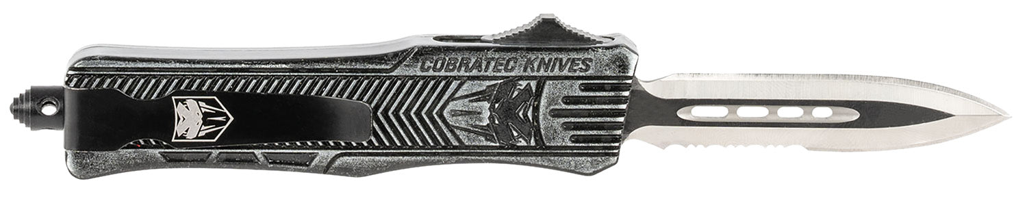 CobraTec CTK-1 Small OTF Dagger 2.75" Part Serrated D2 Steel Blade Stonewashed Aluminum Handle w/ Glass Breaker