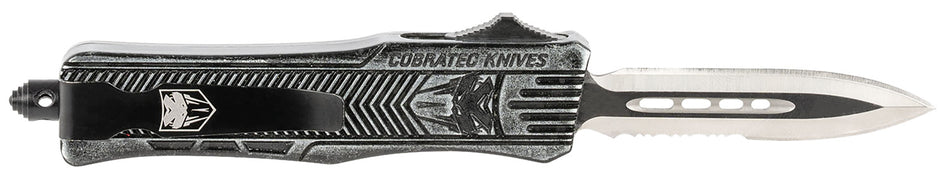 CobraTec CTK-1 Small OTF Dagger 2.75" Part Serrated D2 Steel Blade Stonewashed Aluminum Handle w/ Glass Breaker