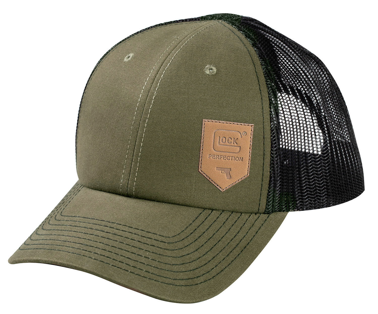 Glock AP95883 Chino Olive Green/Black Mesh Snapback Hat with Leather-Like Shield Patch