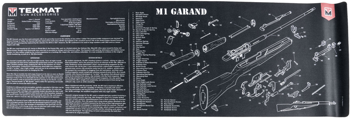 TekMat M1 Garand Gun Cleaning Mat 12"x36" Black/White Rubber with Parts Diagram