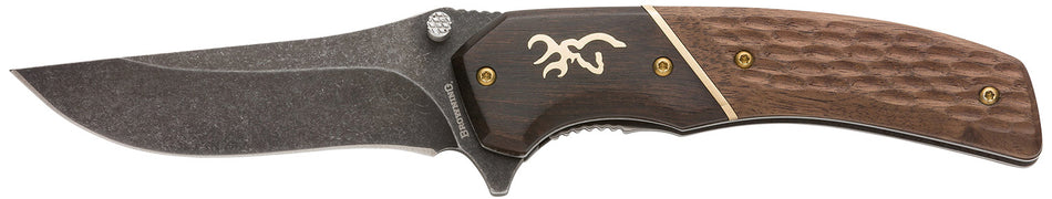Browning Hunter Large Folding Knife 3.50" Drop Point Black Oxide Stonewashed 440C SS Blade Walnut Handle