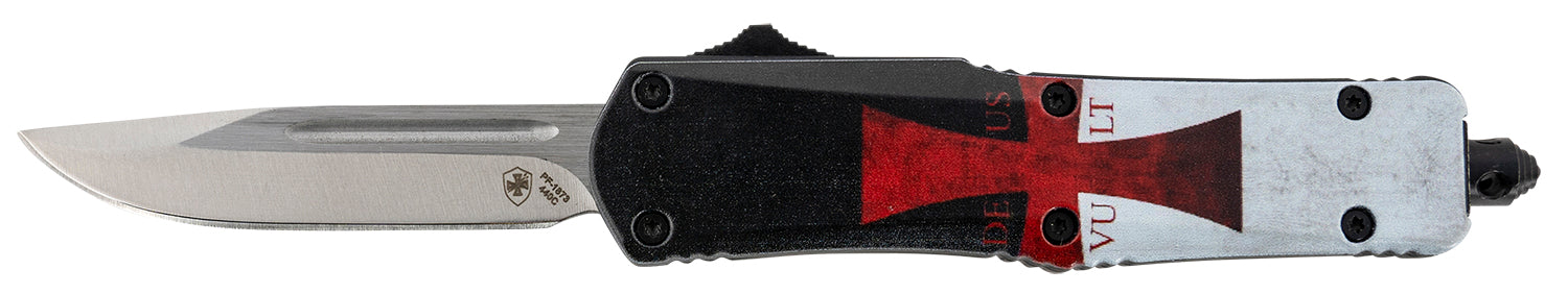 Templar Knife STK332 Gen II Templar Flag Small 2.69" OTF Drop Point Plain Powder Coated 440C SS Blade Templar Flag Aluminum Handle Glass Breaker