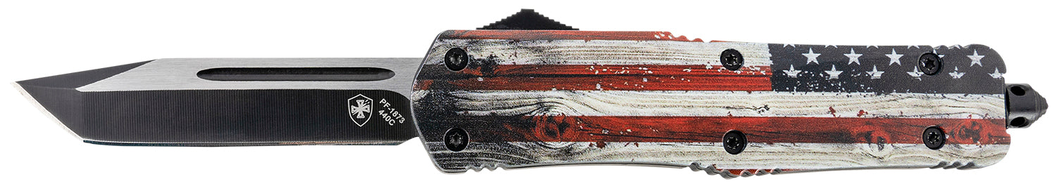 Templar Knife LWUS231 Gen II Wood US Flag Large OTF Tanto 3.50" Black Oxide 440C Blade, Painted Wood Grain US Flag Aluminum Handle, Glass Breaker