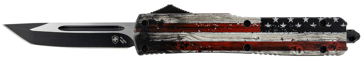 Templar Knife MWUS231 Gen II Wood US Flag Slim OTF Tanto 3.43" Black Oxide 440C Blade, Wood Grain US Flag Aluminum Handle, Glass Breaker