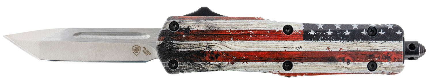 Templar Knife SWUS232 Gen II Wood US Flag Small OTF Tanto 2.69" Powder Coated 440C SS Blade, 4.31" Wood Grain US Flag Aluminum Handle Glass Breaker