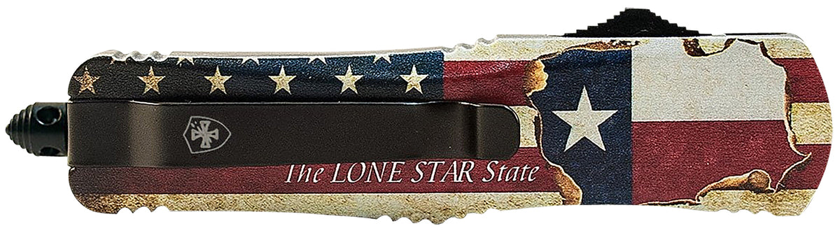 Templar Knife LTX631 Gen II Texan Large OTF Drop Point Part Serrated 3.50" Black Oxide 440C Blade, Texas Flag Aluminum Handle, Glass Breaker
