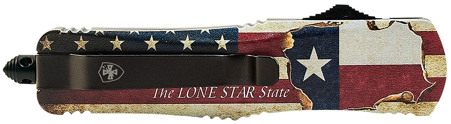 Templar Knife LTX631 Gen II Texan Large OTF Drop Point Part Serrated 3.50" Black Oxide 440C Blade, Texas Flag Aluminum Handle, Glass Breaker