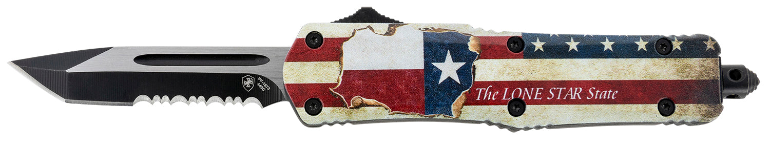 Templar Knife STX531 Gen II Texan Small OTF Tanto Part Serrated 2.25" Black Oxide 440C Blade, Texas Flag Aluminum Handle, Glass Breaker