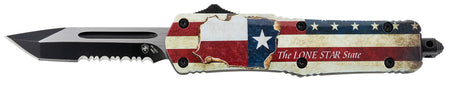 Templar Knife STX531 Gen II Texan Small OTF Tanto Part Serrated 2.25" Black Oxide 440C Blade, Texas Flag Aluminum Handle, Glass Breaker