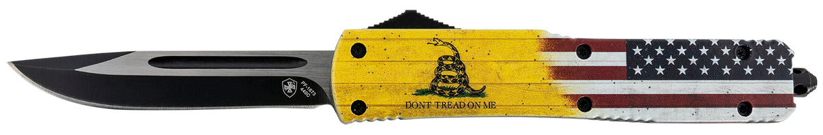 Templar Knife MDTOM331 Gen II Don't Tread On Me Slim OTF Drop Point 3.50" Black Oxide 440C Blade, Yellow DTOM Aluminum Handle, Glass Breaker
