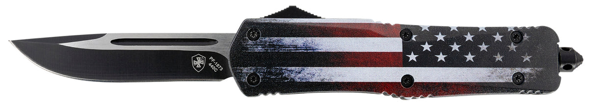 Templar Knife LUS331 Gen II US Flag Large OTF Drop Point 3.50" Black Oxide 440C Blade, US Flag Aluminum Handle, Glass Breaker