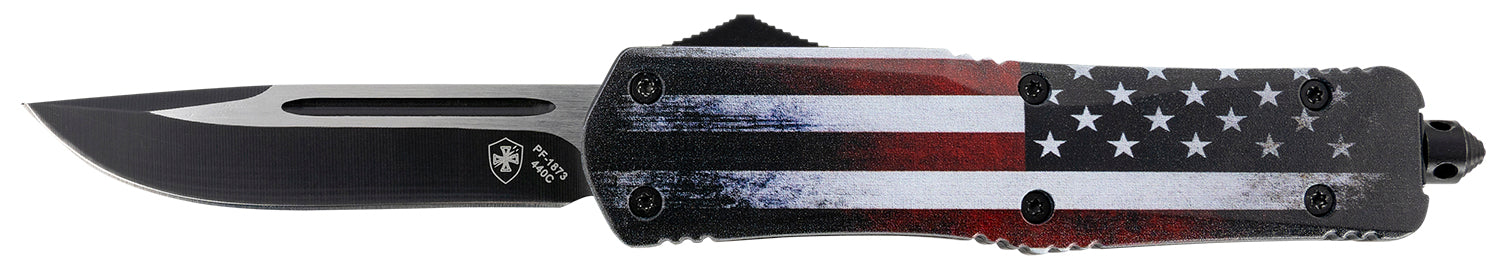 Templar Knife LUS331 Gen II US Flag Large OTF Drop Point 3.50" Black Oxide 440C Blade, US Flag Aluminum Handle, Glass Breaker