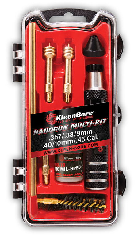Kleen-Bore, Multi-Kit, Cleaning Kit, 3 Heavy Duty Nylon Bristle Bore Brushes: .357/.38/9MM - .40/10MM - .45, 3 Cotton Bore Mops, KleenBore No. 10 BIO Mil-Spec CLP
