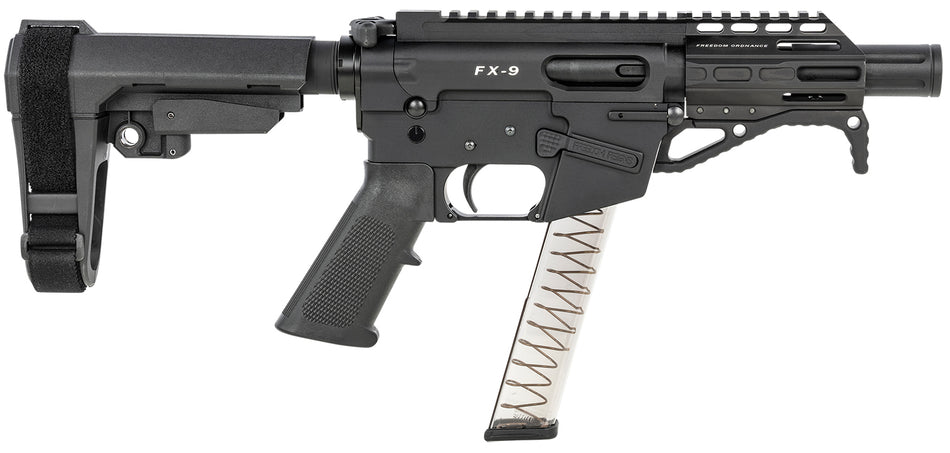 Freedom Ordnance FX9P4S FX-9 9mm Luger 31+1 4" Black Nitride Barrel w/Faux Suppressor, Black Hard Coat Anodized Aluminum Receiver, SB Tactical SBA3 Pistol Brace Stock, Black Polymer Grip