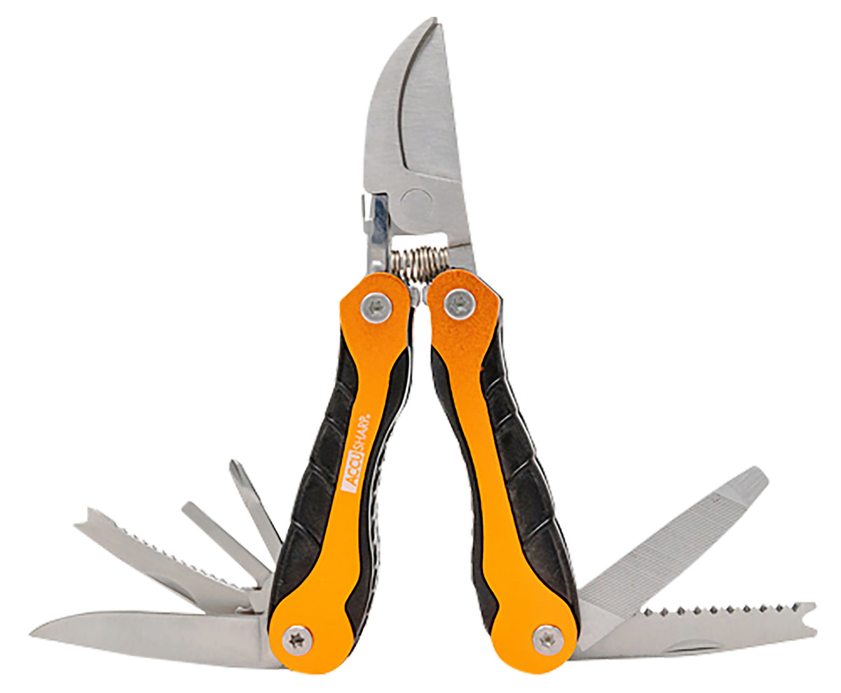 AccuSharp 085C Sportsman's Multi-Tool Folding Blade - Black/Orange with Saw, Fish Scaler, Knife & Belt Case
