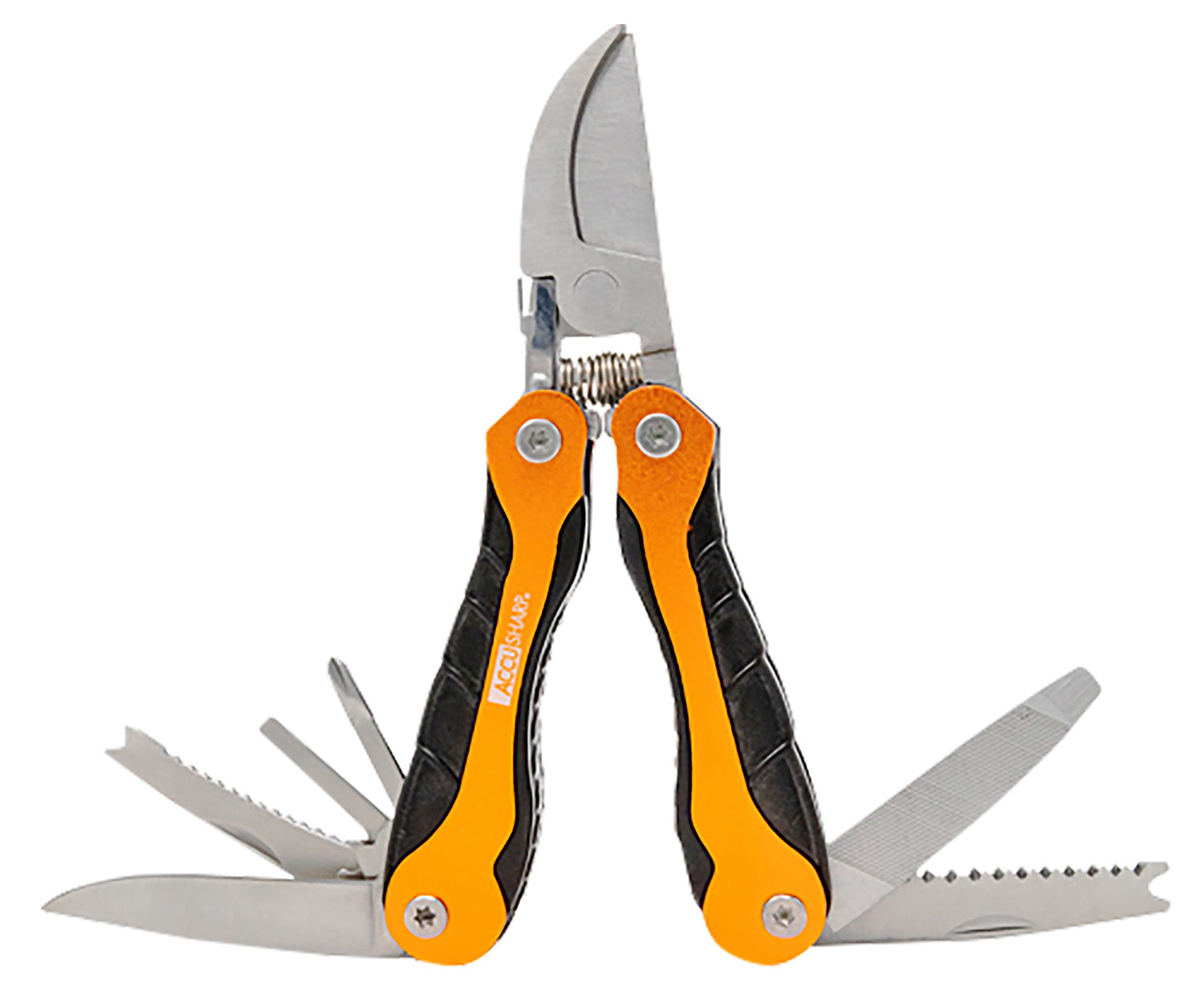 AccuSharp 085C Sportsman's Multi-Tool Folding Blade - Black/Orange with Saw, Fish Scaler, Knife & Belt Case