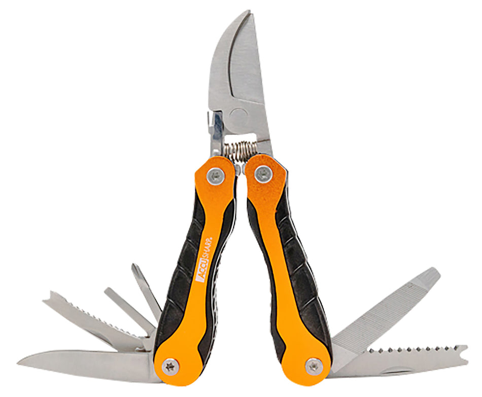 AccuSharp 085C Sportsman's Multi-Tool Folding Blade - Black/Orange with Saw, Fish Scaler, Knife & Belt Case