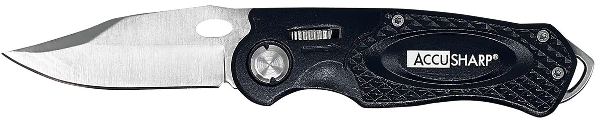 AccuSharp 703C Sport 3" Folding Stainless Steel Knife with Black Anodized Aluminum Handle, Glass Breaker & Belt Clip