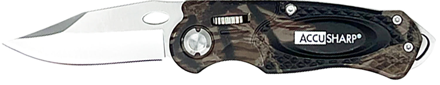 AccuSharp 704C Sport 3" Folding Stainless Steel Knife with Camo Anodized Aluminum Handle, Glass Breaker & Belt Clip