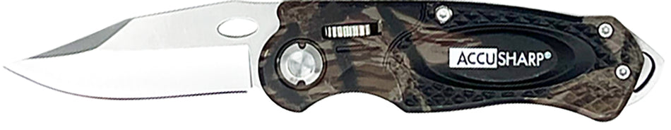 AccuSharp 704C Sport 3" Folding Stainless Steel Knife with Camo Anodized Aluminum Handle, Glass Breaker & Belt Clip