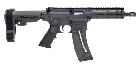 Smith & Wesson 13321 M&P15 Pistol 22 LR 8" Black Carbon Steel Barrel 25+1, Black SB Tactical SBA3 Adjustable Arm Brace Stock, Black Magpul MOE Grip, Manual Safety, Optics Ready