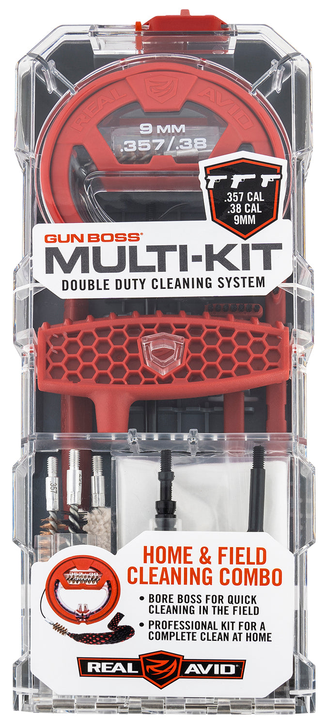 Real Avid AVGBMK9MM Gun Boss Multi-Kit Cleaning Kit for 9mm 357 Mag .38 Cal Pistol with Plastic Box Case