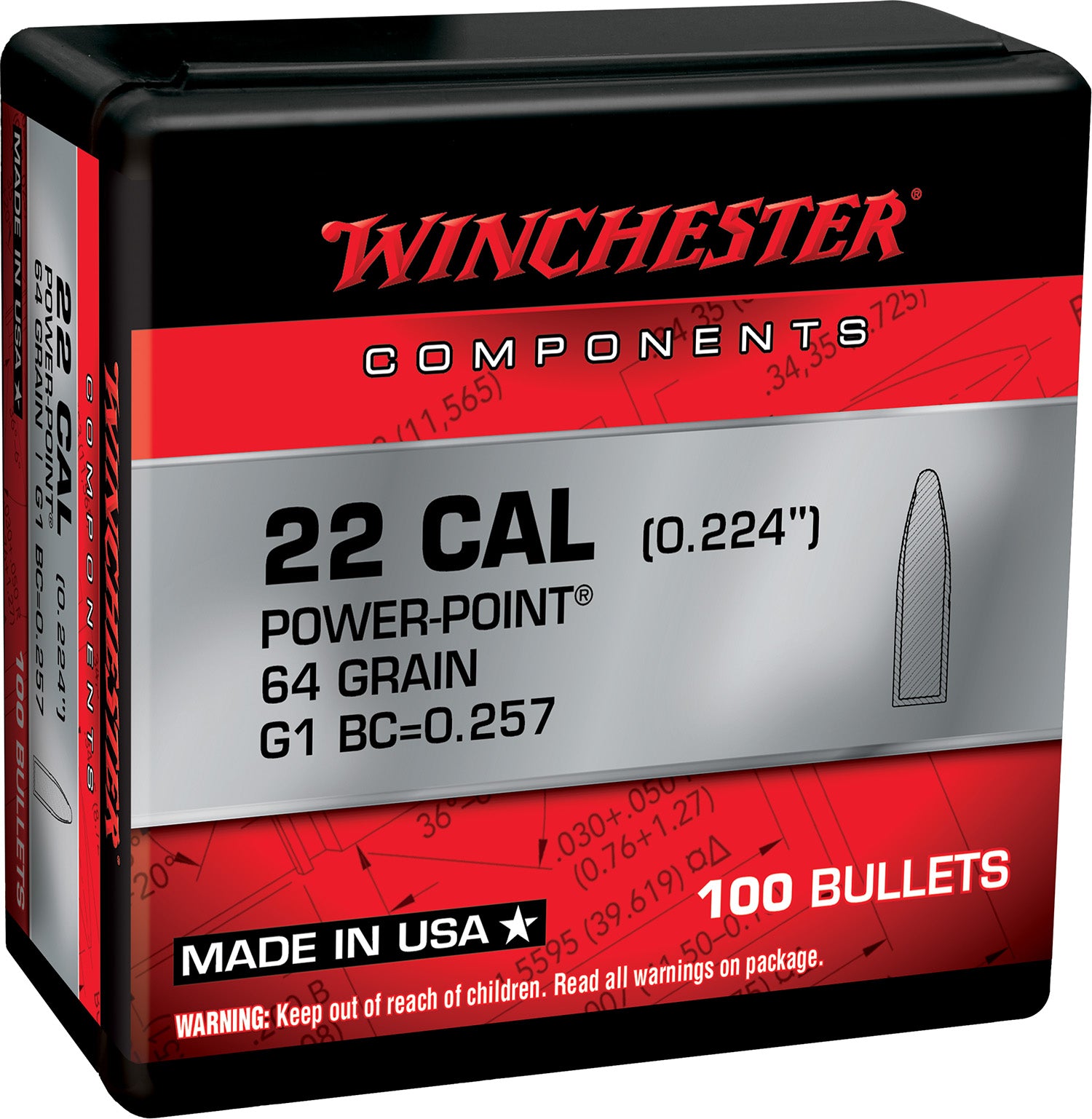 Winchester Centerfire Rifle Component Bullets .223 Rem 64 Grain Power Point 100/Box