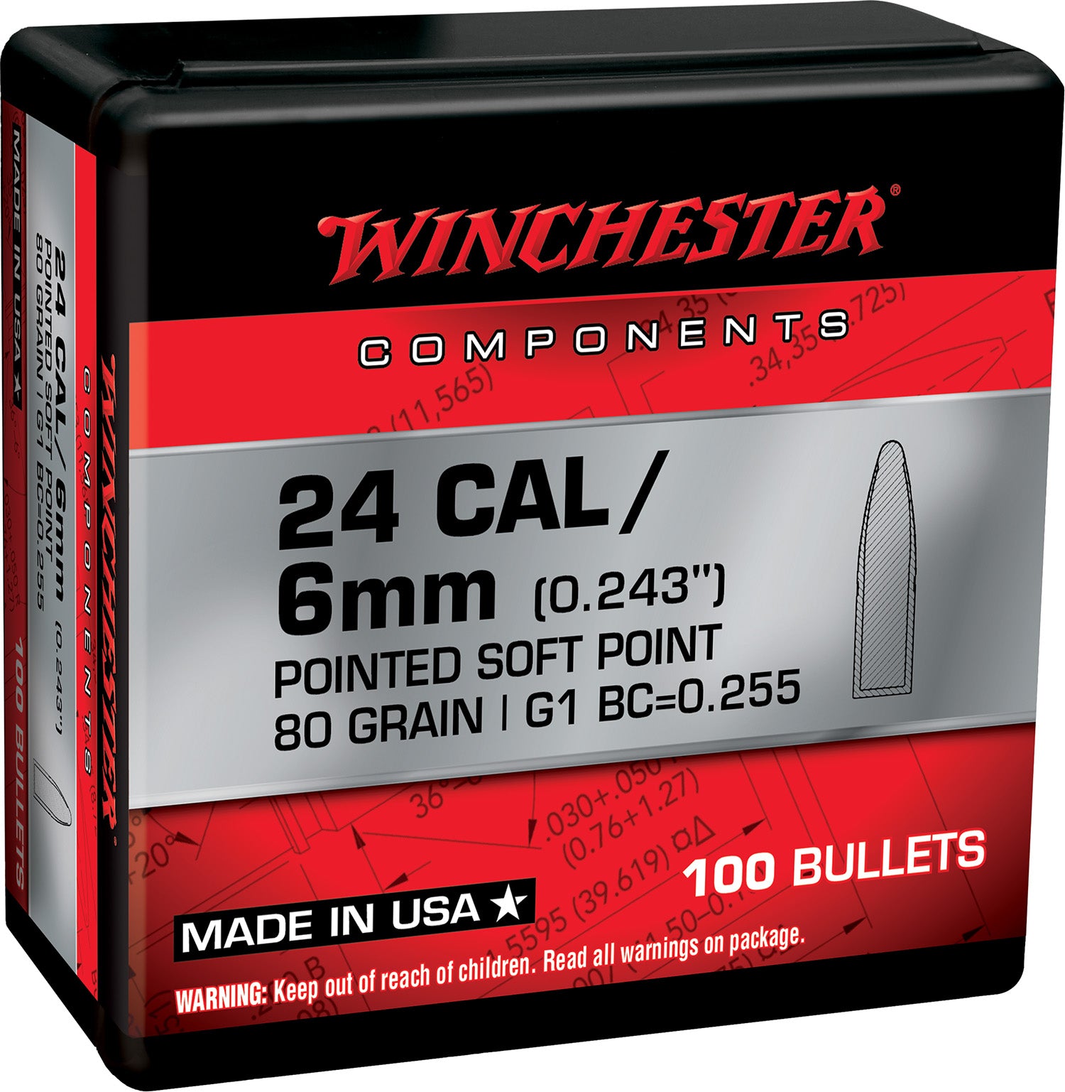 Winchester Centerfire Rifle Component Bullets .243 Win 80 Grain Soft Point 100/Box