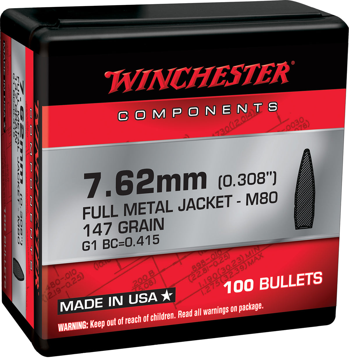 Winchester WB762147NX Centerfire Rifle Reloading Bullets 308Win 147gr FMJ 100-Count