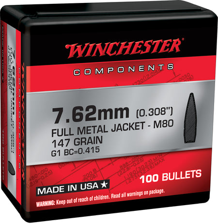 Winchester WB762147NX Centerfire Rifle Reloading Bullets 308Win 147gr FMJ 100-Count