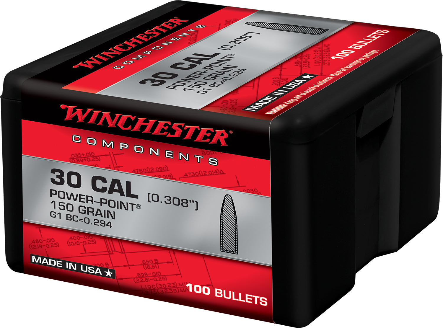 Winchester WB30PP150X Centerfire Rifle Bullets 30Cal 150gr Power Point 100-Count