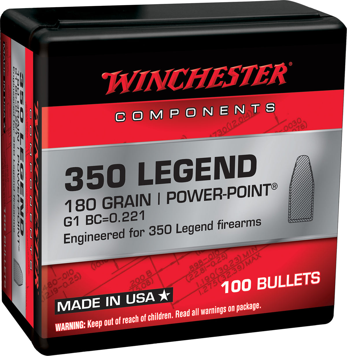 Winchester WB350P180X Centerfire Rifle Reloading Bullets 350 Legend 180gr Power Point 100-Count