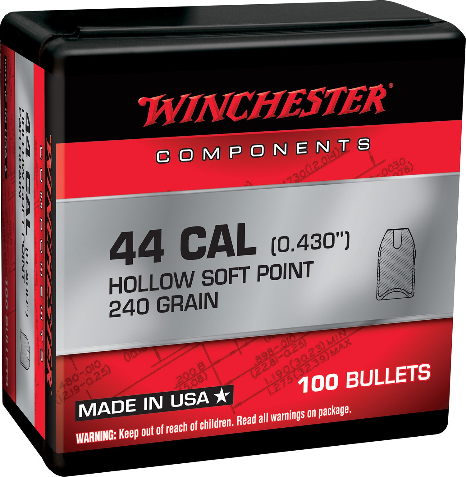 Winchester WB44SP240X Centerfire Handgun Reloading Bullets 44 Special 240gr SP 100-Count