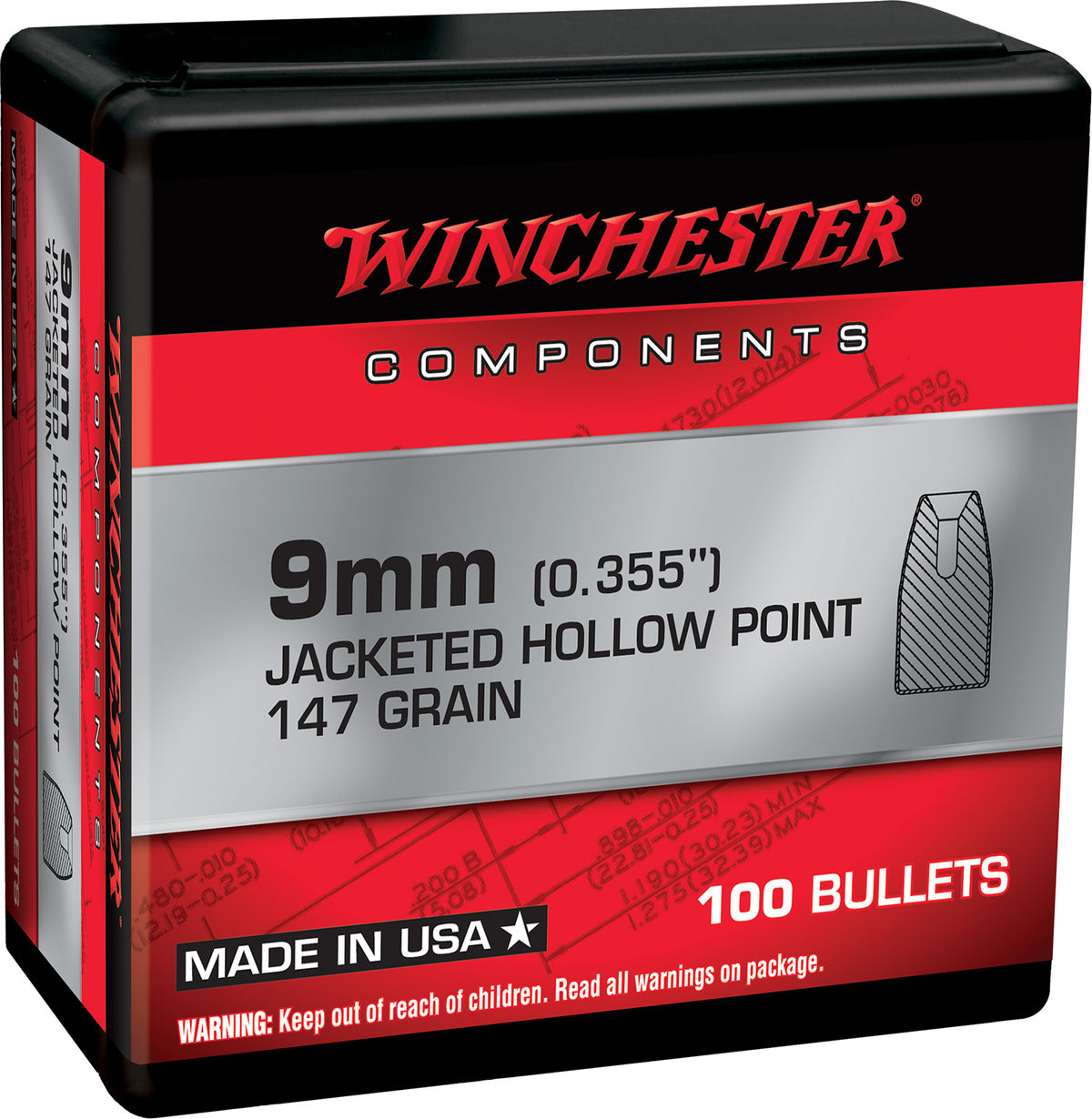 Winchester WB9JHP147X Centerfire Handgun Reloading Bullets 9mm 147gr JHP 100-Count
