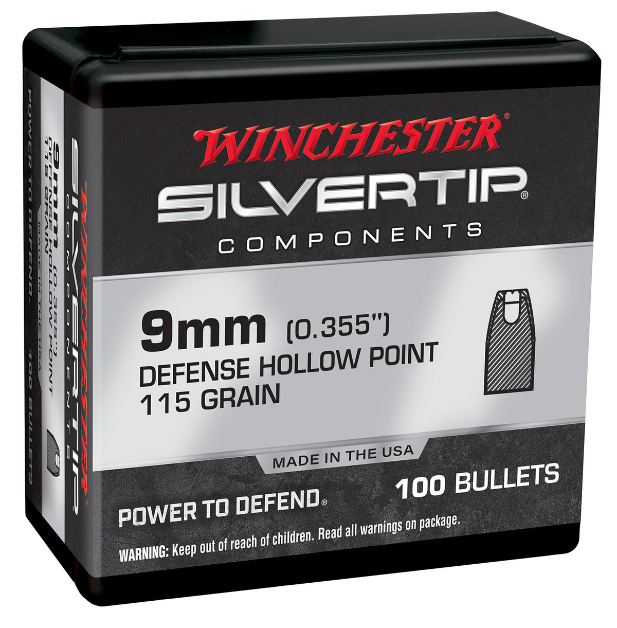 Winchester WB9ST115X Centerfire Handgun Reloading Bullets 9mm 115gr Silvertip HP 100-Count
