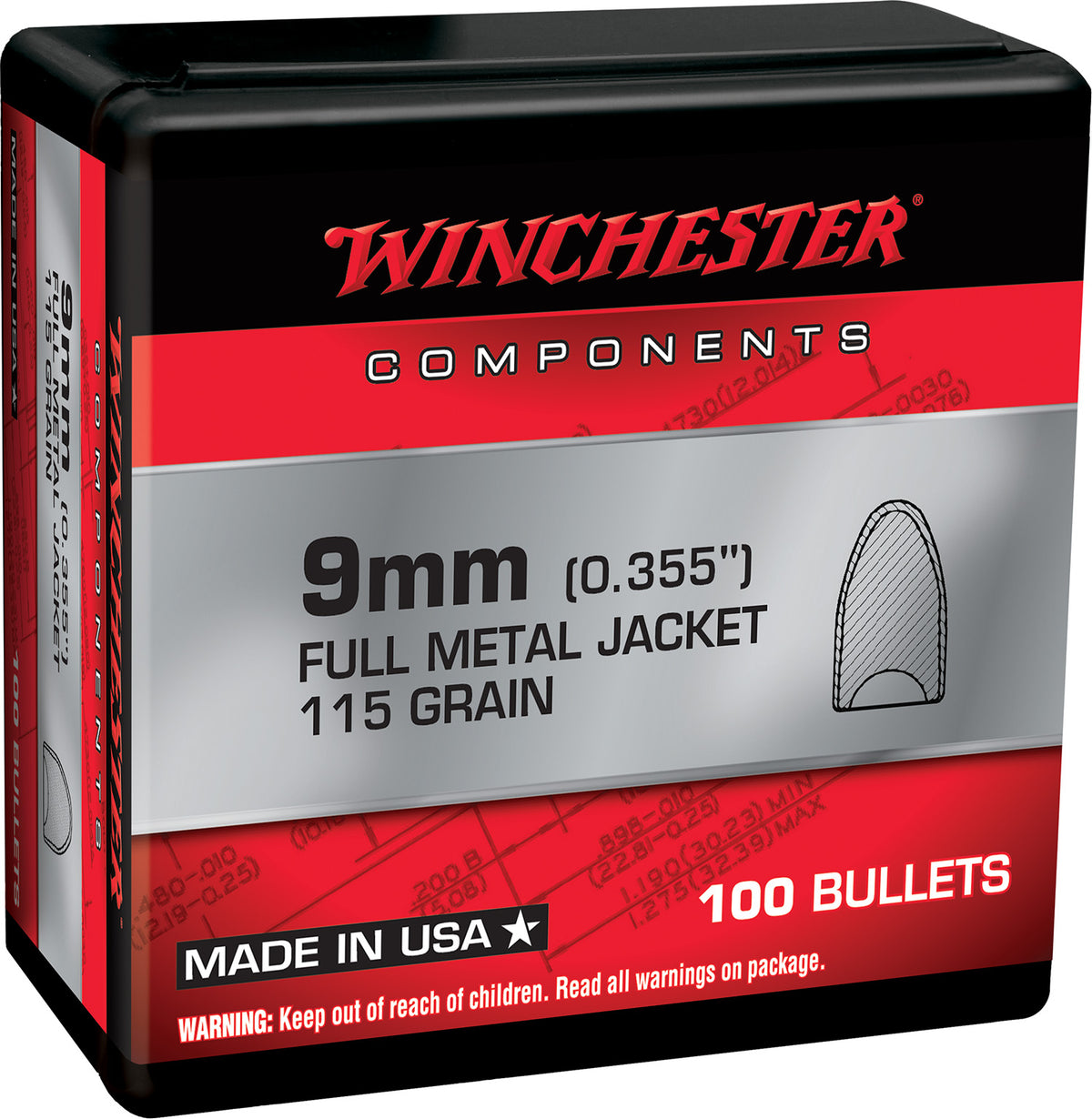 Winchester WB9MC115X Centerfire Handgun Reloading Bullets 9mm 115gr FMJ Flat Base 100-Count