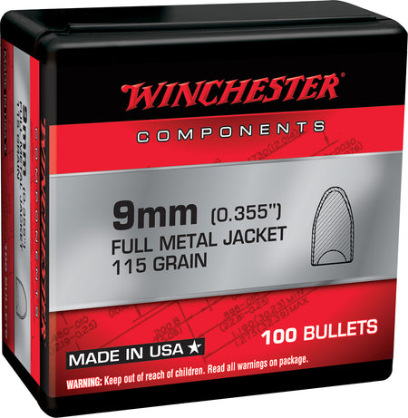 Winchester WB9MC115X Centerfire Handgun Reloading Bullets 9mm 115gr FMJ Flat Base 100-Count