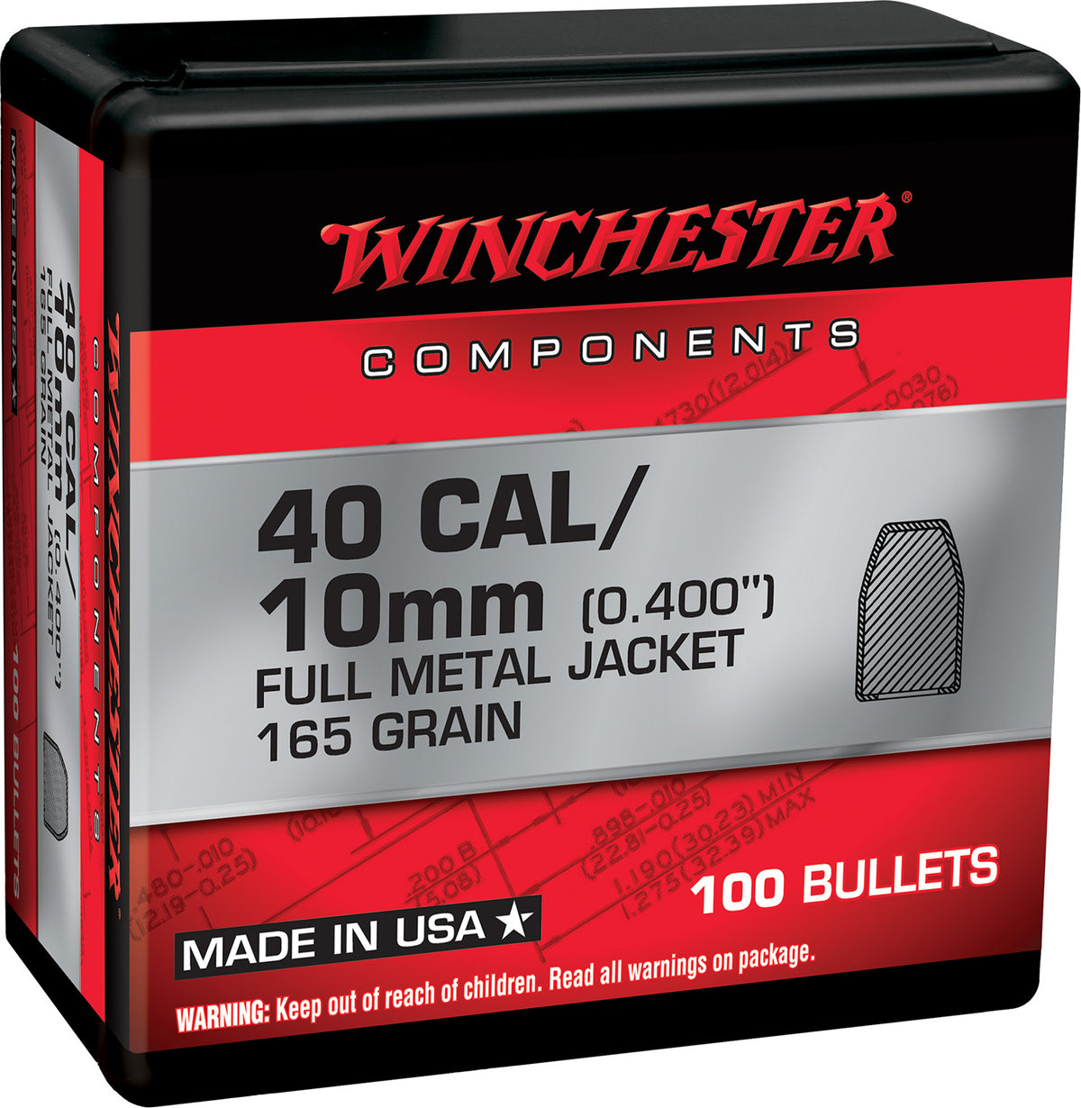 Winchester Centerfire Reloading Component Bullets .40 S&W 165 Grain FMJ Truncated Cone 100/Box