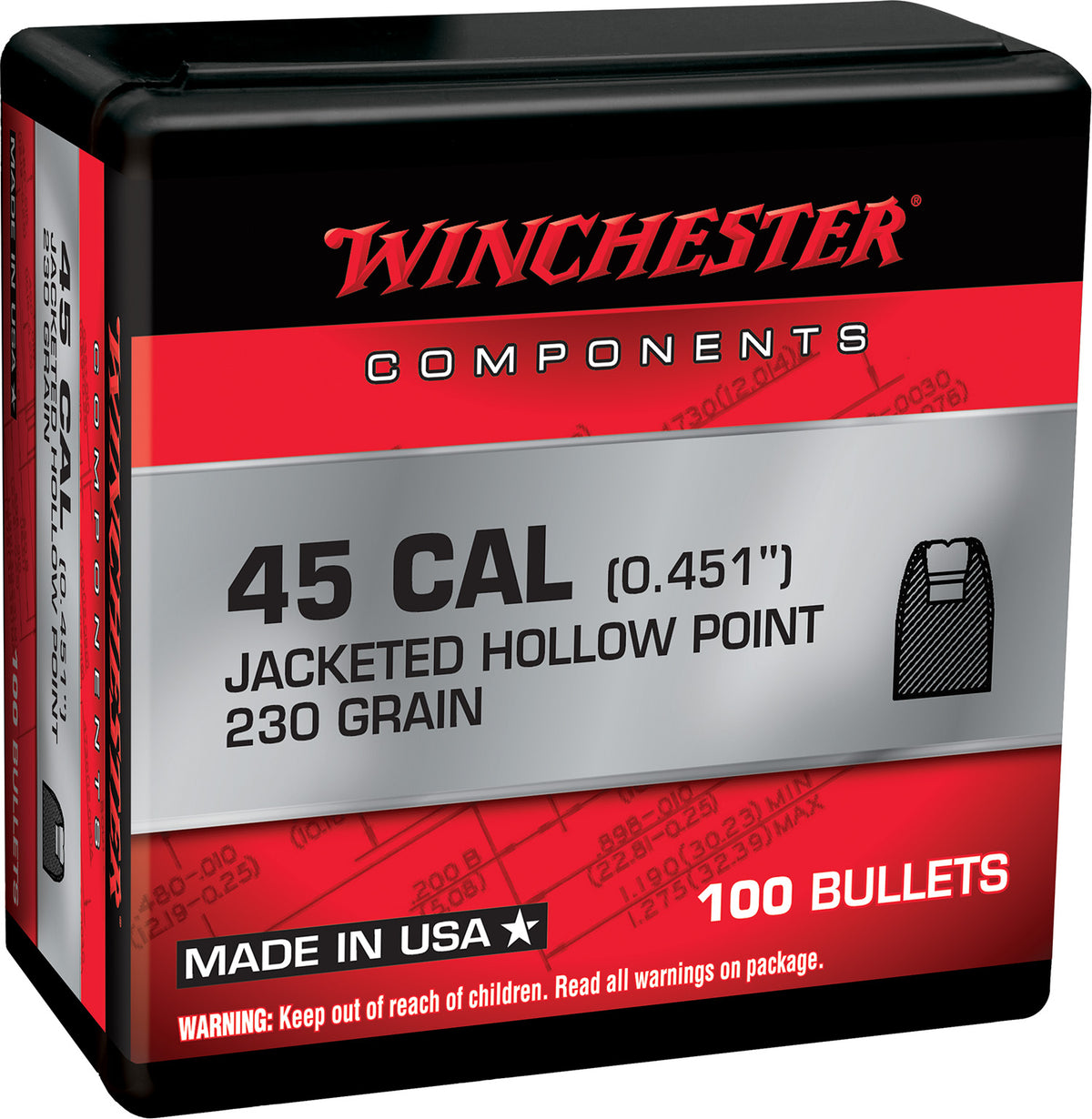 Winchester Centerfire Reloading Component Bullets .45 Cal 230 Grain Jacketed Hollow Point 100/Box
