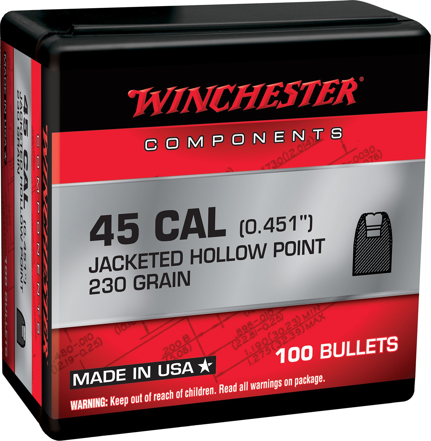 Winchester Centerfire Reloading Component Bullets .45 Cal 230 Grain Jacketed Hollow Point 100/Box