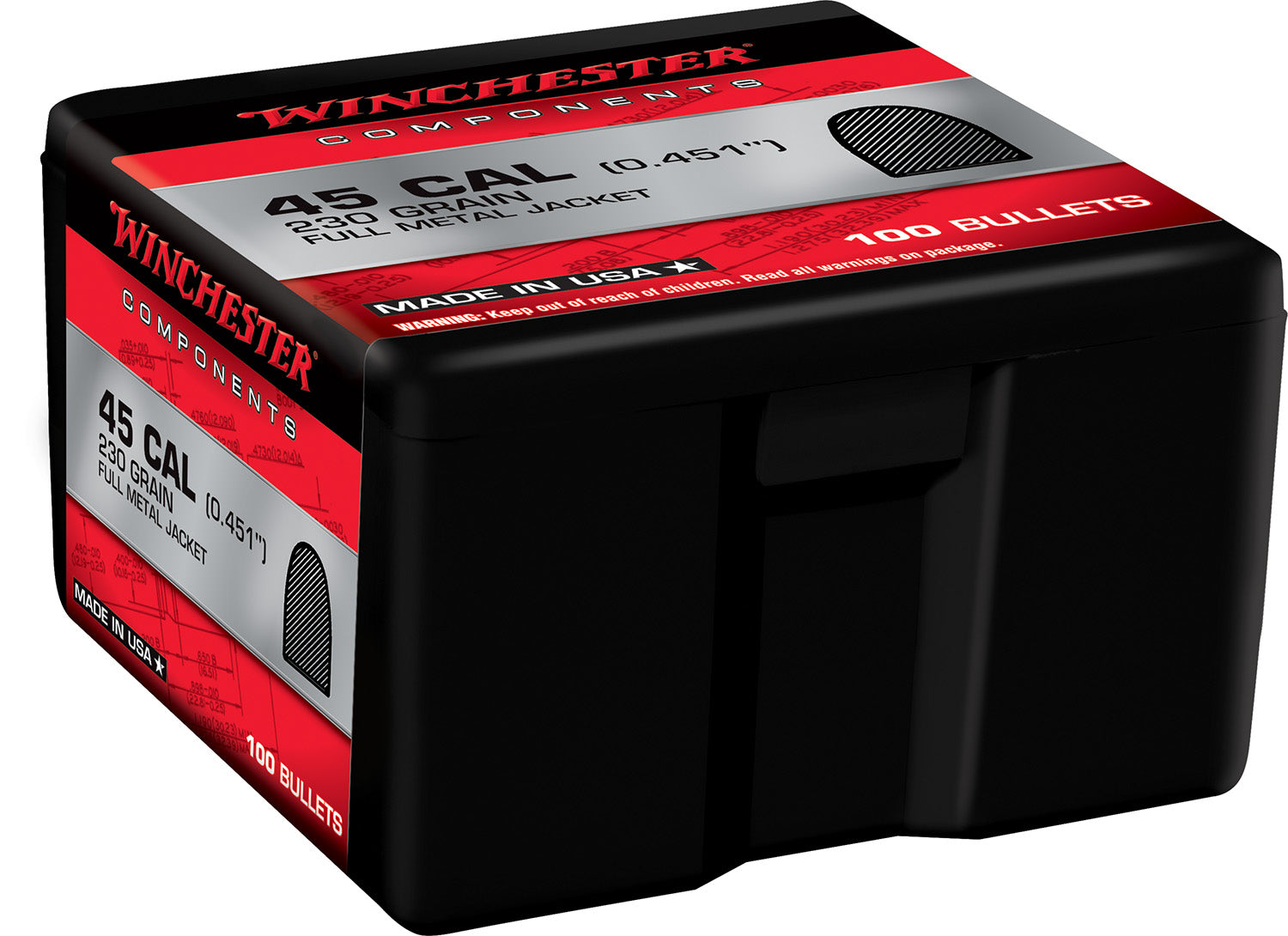 Winchester Centerfire Reloading Component Bullets .45 Cal 230 Grain Full Metal Jacket 100/Box