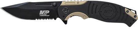 Smith & Wesson SWP13BSCP M&P 3.50" Folding Drop Point Part Serrated Stonewashed 8Cr13MoV SS Blade Black & Tan Handle
