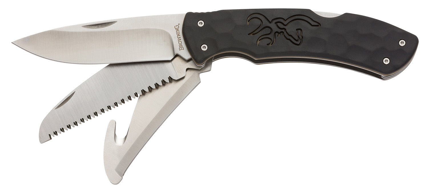 Browning Primal Kodiak Slim Folding Hunting Knife 3.75" Drop Point Gut Hook Saw 8Cr13MoV SS Blade w/Belt Pouch
