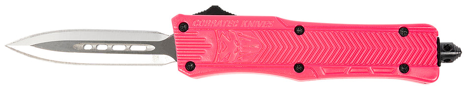 CobraTec CTK-1 Small OTF Dagger 2.75" Plain D2 Steel Blade Pink Aluminum Handle w/ Glass Breaker
