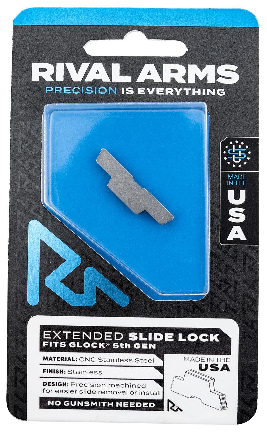 Rival Arms Extended Polished Stainless Slide Lock for Glock 34/17/19 Gen5