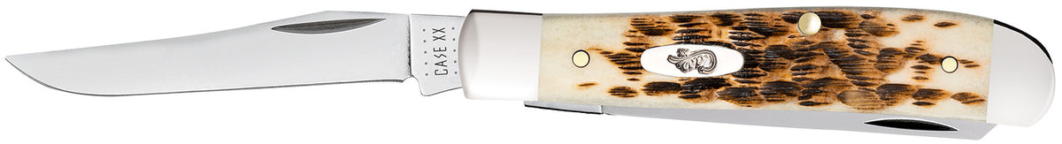 Case 00013 Mini Trapper 2.70"/2.75" Folding Clip Point/Spey Pocket Knife Mirror Polished Tru-Sharp SS Blades, Peach Seed Jigged Amber Bone Handle