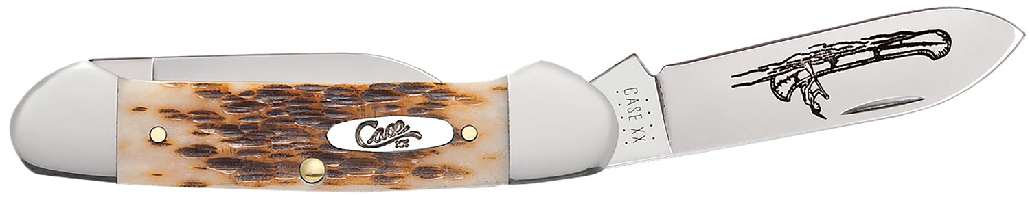 Case 00263 Canoe 2.60"/1.97" Folding Spear/Pen Pocket Knife Mirror Polished Chrome Vanadium Steel Blades, Peach Seed Jigged Amber Bone Handle