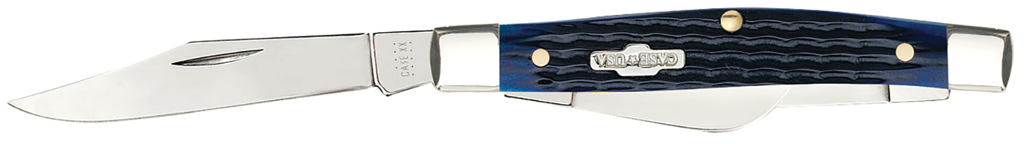 Case 02806 Medium Stockman 2.42"/1.58"/1.57" Folding Clip/Sheepsfoot/Pen Pocket Knife Mirror Polished Tru-Sharp SS, Rogers Corn Cob Jigged Blue Bone Handle