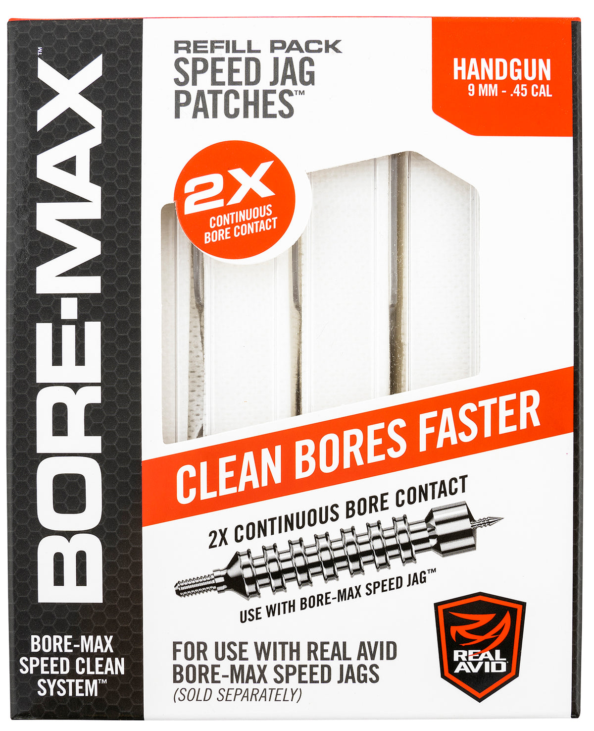 Real Avid Bore-Max Speed Jag Patches 9mm/45 Cal Handgun 4 Inch Long Synthetic 250 Per Box