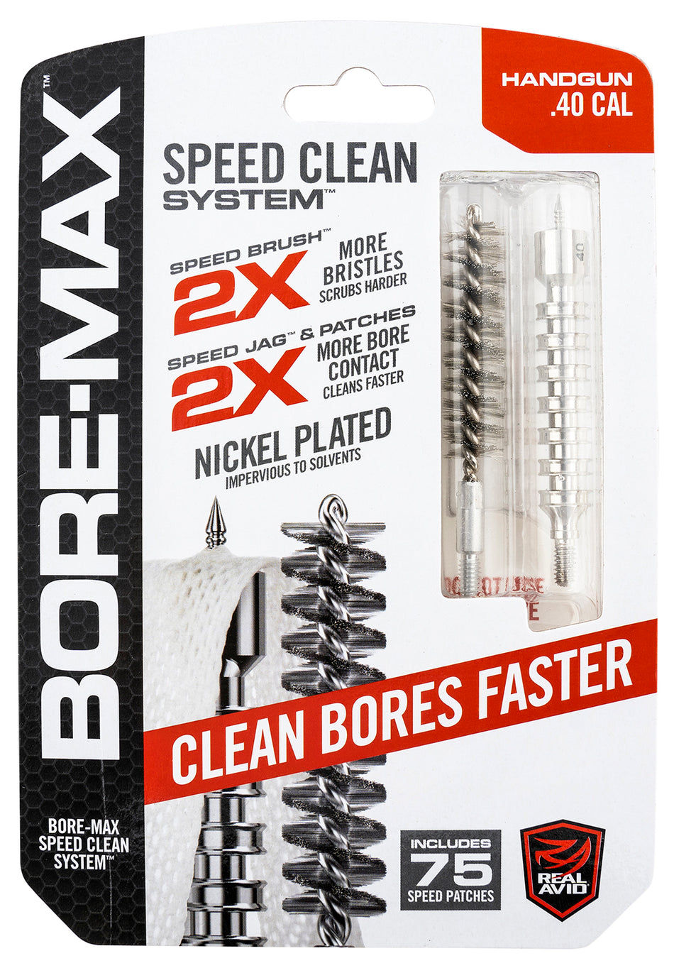 Real Avid Bore-Max Speed Clean Upgrade Set 40 Cal Pistol Nickel-Plated Jag and Brush